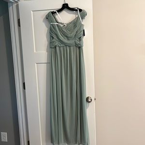 David’s Bridal dusty sage long mesh off the shoulder gown